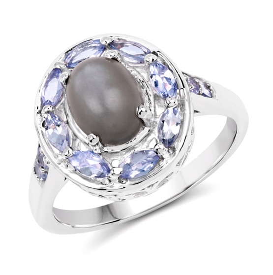 gray moonstone and tanzanite halo sterling silver ring front view