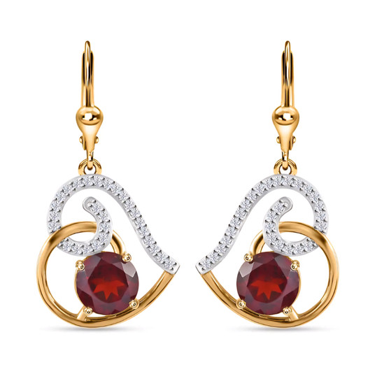 garnet and moissanite heart dangle earrings in 18k yellow gold over sterling silver