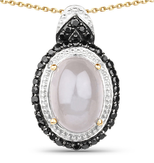 front view of gray moonstone and black spinel halo pendant necklace in rhodium over sterling silver