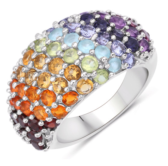 multi gemstone domed band ring in rhodium over sterling silver