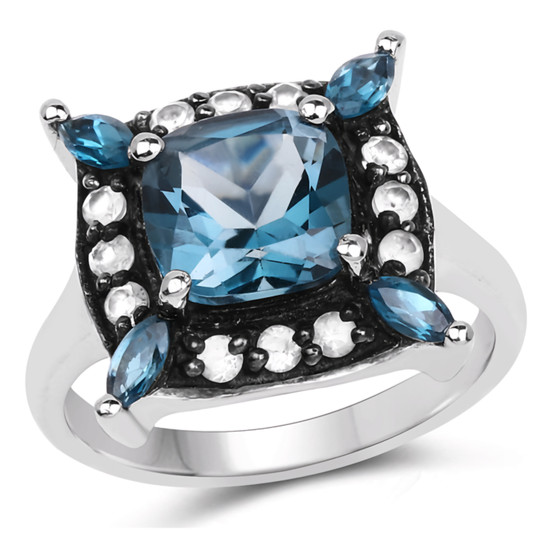 london blue topaz and white topaz halo ring in black and white rhodium over sterling silver
