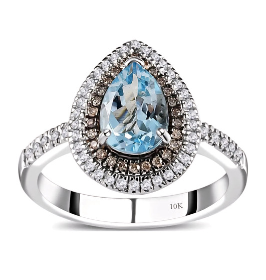 front view of aquamarine champagne and white diamond halo ring in 10k white gold