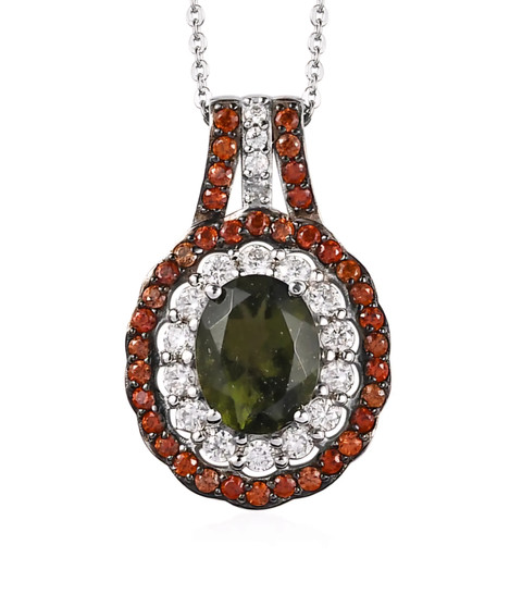 moldavite brown zircon and moissanite pendant necklace in rhodium over sterling silver