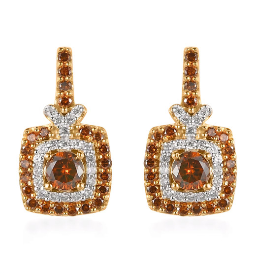 orange and white diamond dangle earrings in 18k yellow gold over sterling silver