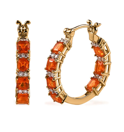 fire opal and moissanite hoop earrings in 18k yellow gold over sterling silver