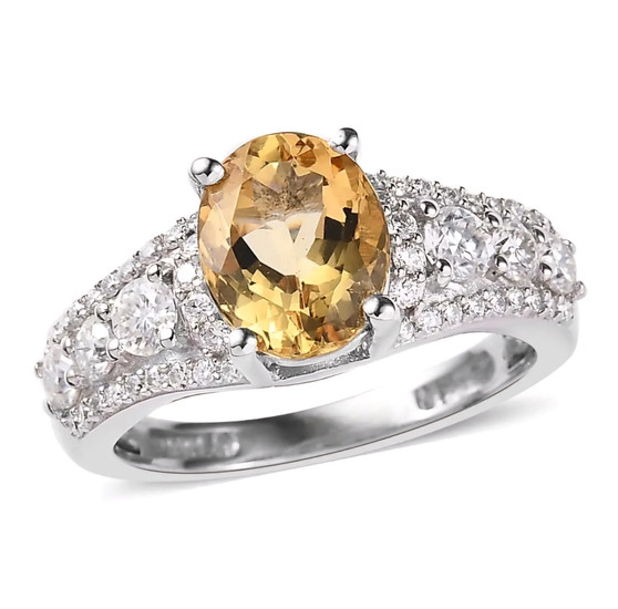 heliodor and moissanite ring in rhodium over sterling silver