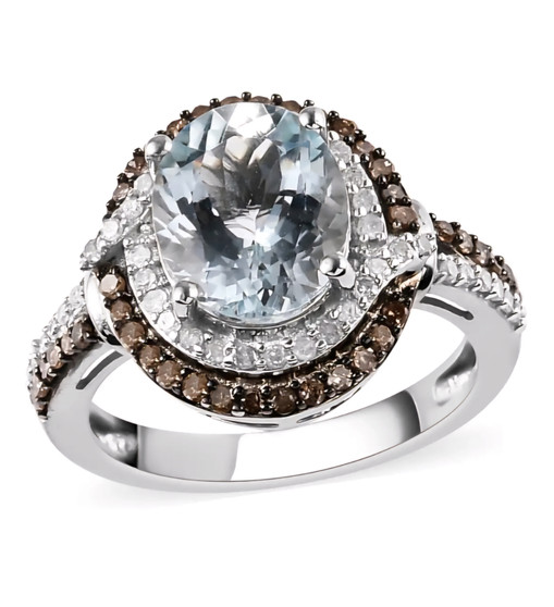 aquamarine champagne and white diamond halo ring in rhodium over sterling silver
