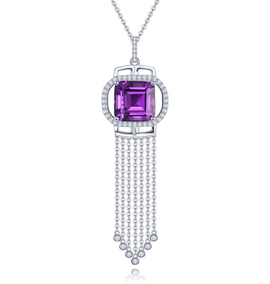 amethyst or citrine and white zircon tassel necklace in rhodium over sterling silver
