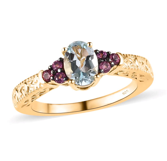 aquamarine and rhodolite garnet ring in 18k yellow gold over sterling silver