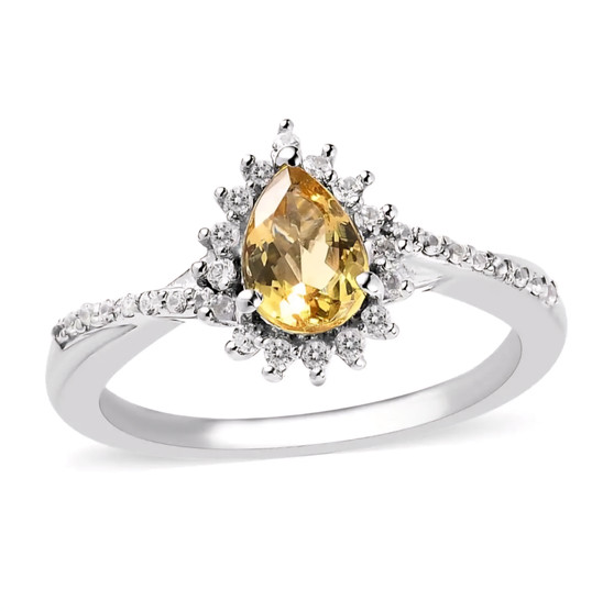 heliodor and white zircon pear halo ring in rhodium over sterling silver