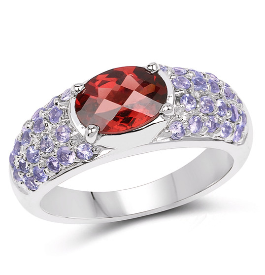 garnet and tanzanite band ring in rhodium over sterling silver