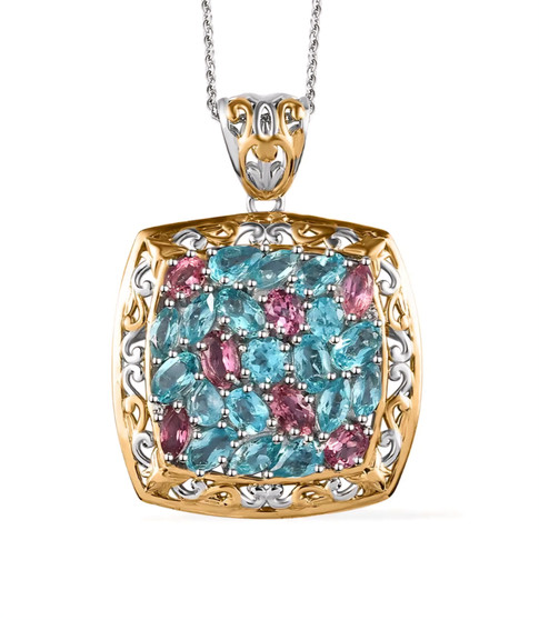 blue apatite pink tourmaline and diamond pendant necklace in 18k yellow gold and rhodium over sterling silver