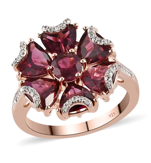 rhodolite garnet and white zircon statement ring in 18k rose gold over sterling silver