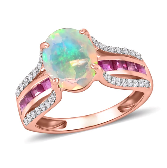 ethiopian opal pink sapphire and white zircon bridge ring in 18k rose gold over sterling silver