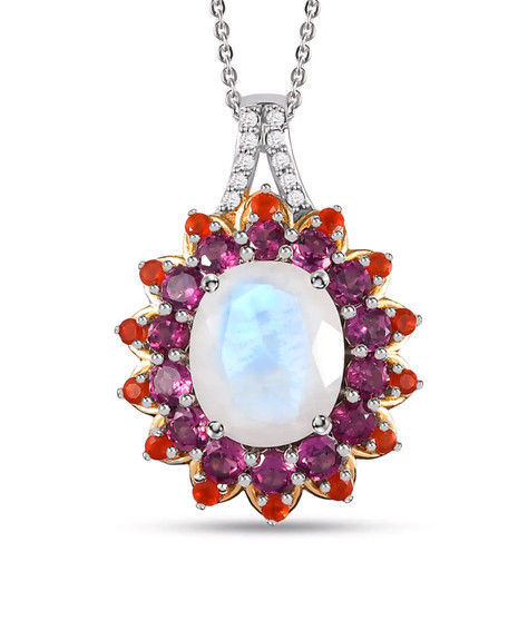 rainbow moonstone rhodolite garnet fire opal and zircon pendant necklace in 18k yellow gold and rhodium over sterling silver