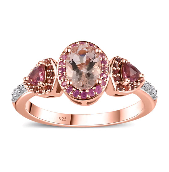 morganite multi gemstone halo three stone ring in 18k rose gold over sterling silver