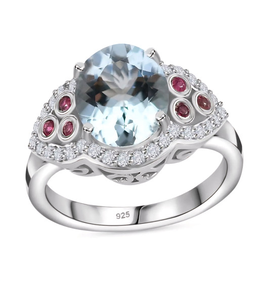 aquamarine pink tourmaline and white zircon ring in rhodium over sterling silver
