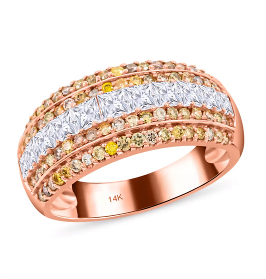 multi color and white diamond cluster band ring in 14k rose gold