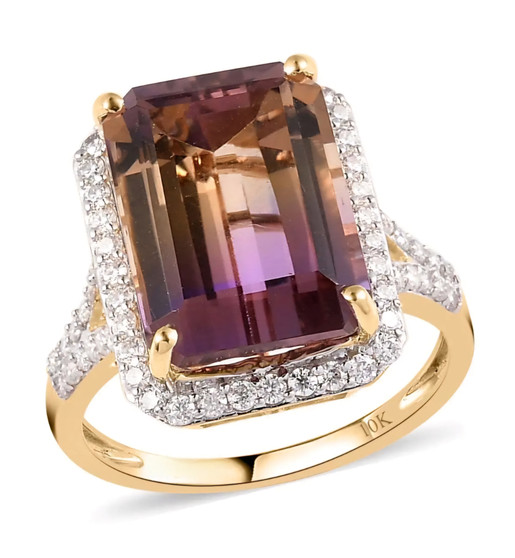 front view of ametrine and moissanite halo ring in 10k yellow gold