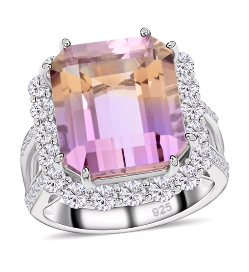 ametrine and moissanite halo ring in rhodium over sterling silver front