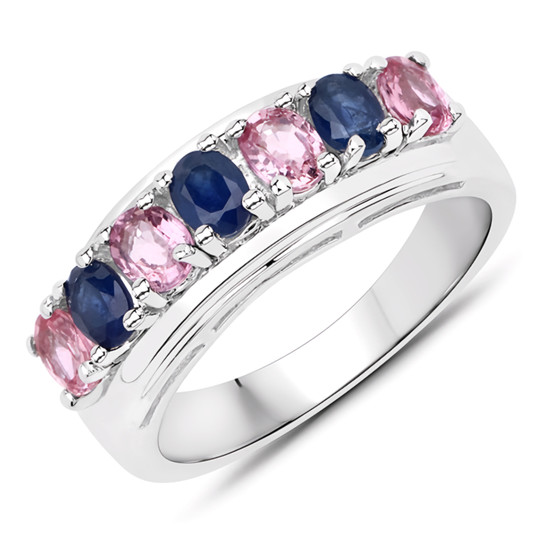 blue and pink sapphire band ring in rhodium over sterling silver