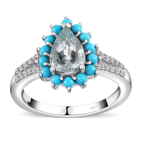 aquamarine turquoise and zircon halo ring in rhodium over sterling silver