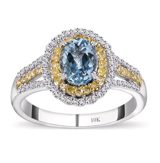 aquamarine yellow and white diamond halo ring in 10k white gold front