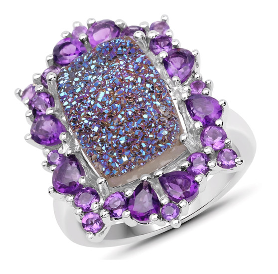 mystic druzy quartz and amethyst halo ring in rhodium over sterling silver