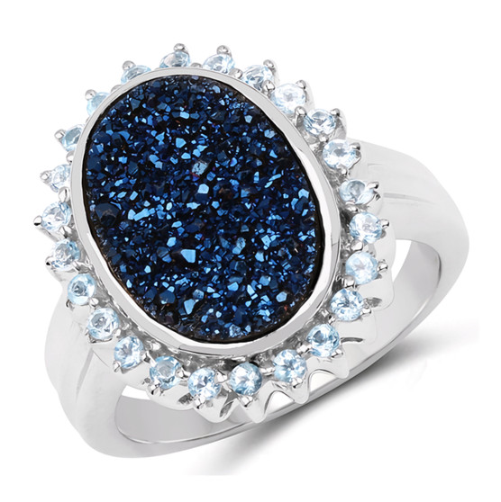 blue druzy quartz and sky blue topaz halo ring in rhodium over sterling silver