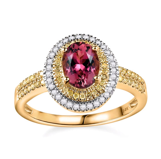 pink tourmaline yellow and white diamond halo ring in 14k yellow gold