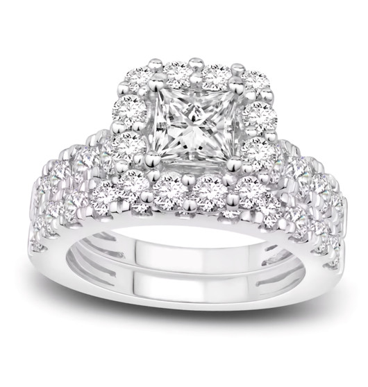 princess and round cut diamond halo two ring wedding set in 14k white gold