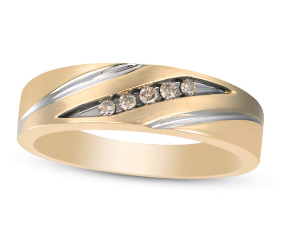 champagne diamond gents tri tone wedding ring in 10k yellow gold with black rhodium front