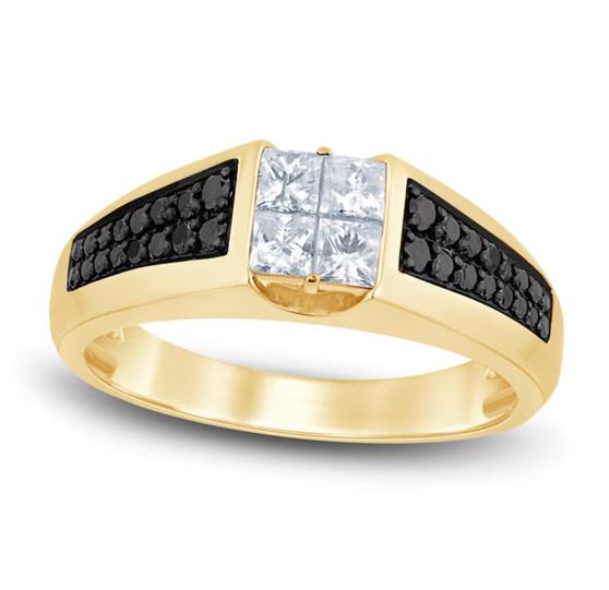 front view of white and black diamond gents ring in black rhodium and 14k yellow gold