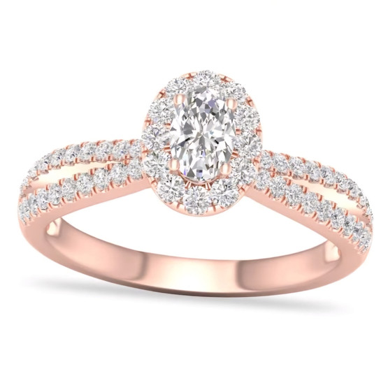 oval diamond halo wedding ring in 14k rose gold