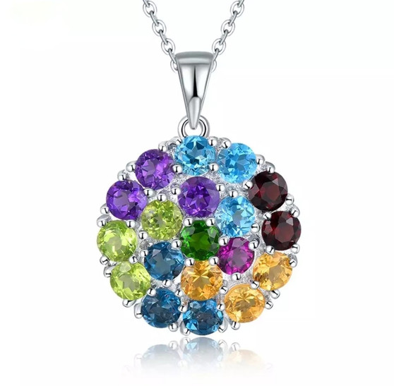amethyst peridot and garnet topaz multi gemstone cluster necklace in rhodium over sterling silver