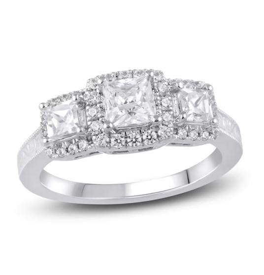 diamond three stone princess and round halo wedding ring in 14k white gold