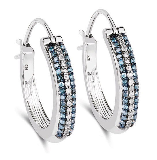 blue and white diamond hoop earrings in rhodium over sterling silver