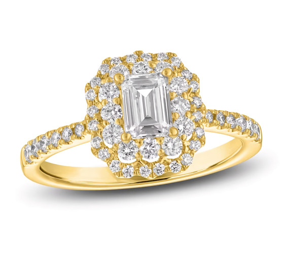 emerald and round diamond double halo wedding ring in 14k yellow gold