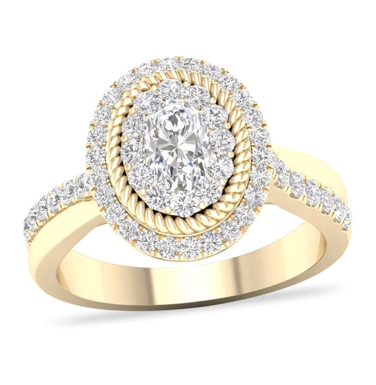 oval diamond double halo ring in 14k yellow gold