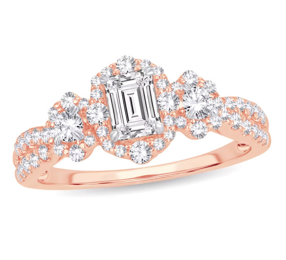 front view of emerald and emerald cut round diamond three stone halo wedding ring in 14k rose gold