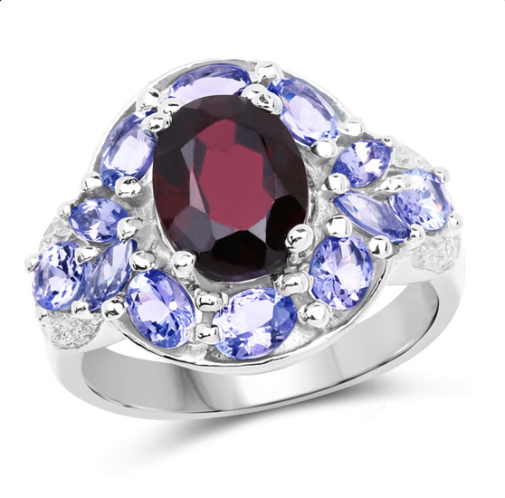 front view of garnet and tanzanite topaz halo ring in rhodium over sterling silver
