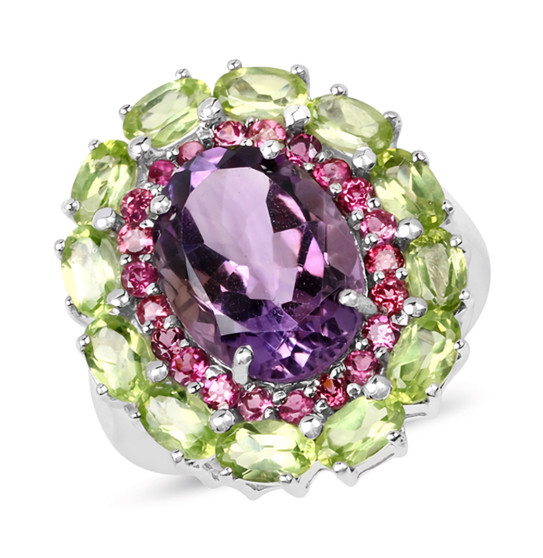 amethyst rhodolite and peridot halo ring in rhodium over sterling silver