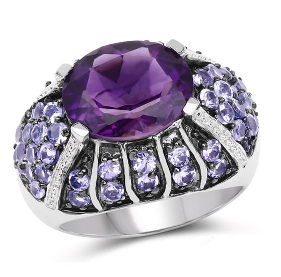 amethyst and tanzanite cocktail ring in rhodium over sterling silver
