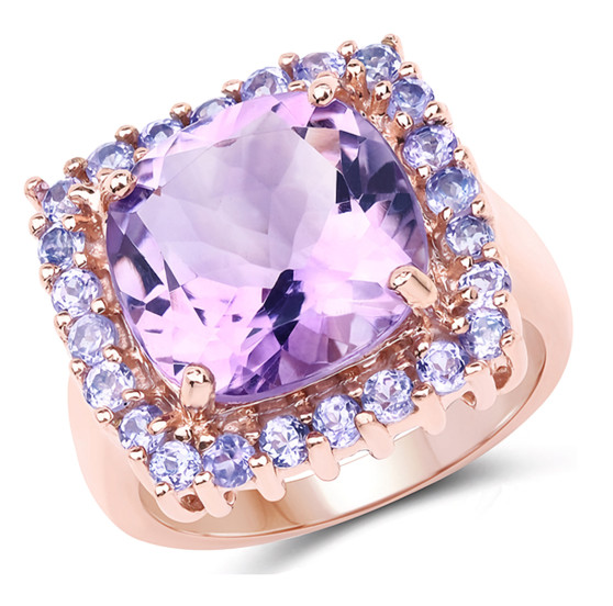 rose de france amethyst and tanzanite halo ring in 14k rose gold over sterling silver