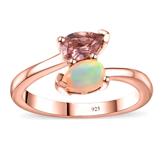 pink tourmaline and ethiopian opal pear bypass ring in 18k rose gold over sterling silver