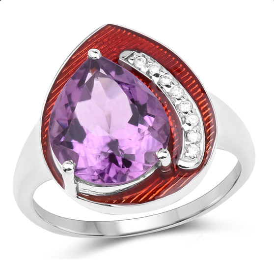 amethyst and white topaz red enameled ring in rhodium over sterling silver