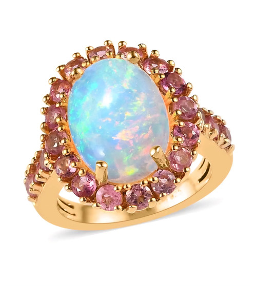 ethiopian opal and pink tourmaline halo ring in 18k yellow gold over sterling silver