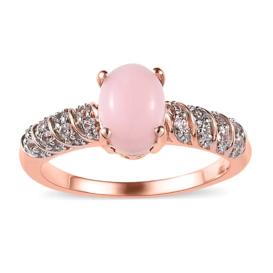 pink opal and white zircon ring in 18k rose gold over sterling silver