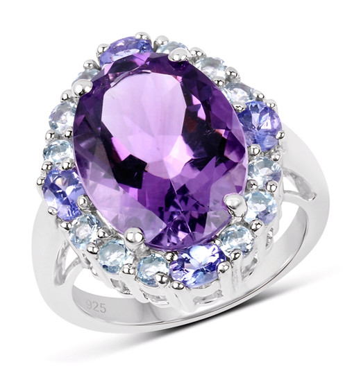 amethyst tanzanite and blue topaz halo ring in rhodium over sterling silver