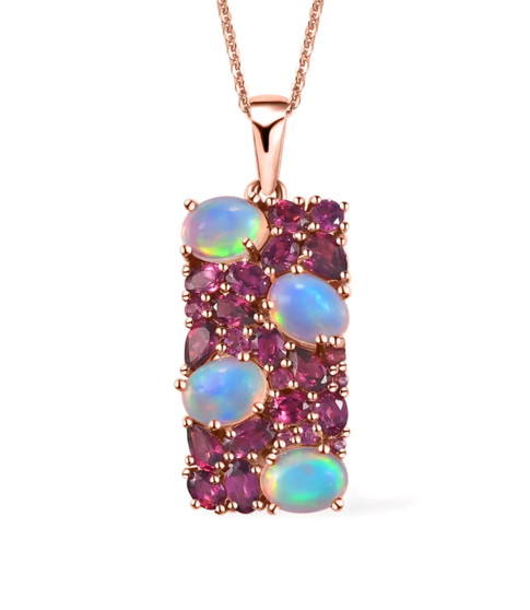 rhodolite garnet and ethiopian opal pendant necklace in 18k rose gold over sterling silver